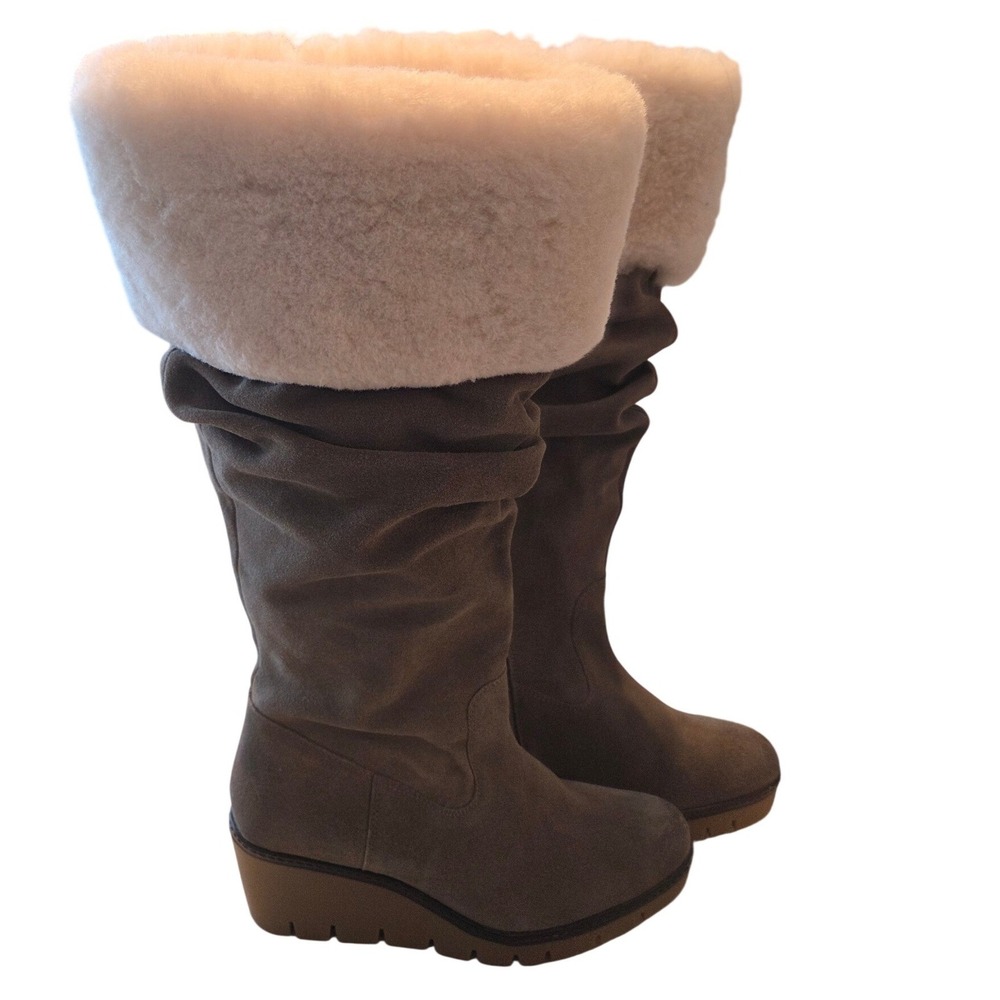 Vintage Foundry Co‎  Grey Leather Real Fur Trim Wedge Slouch Boots womens 9 Boho